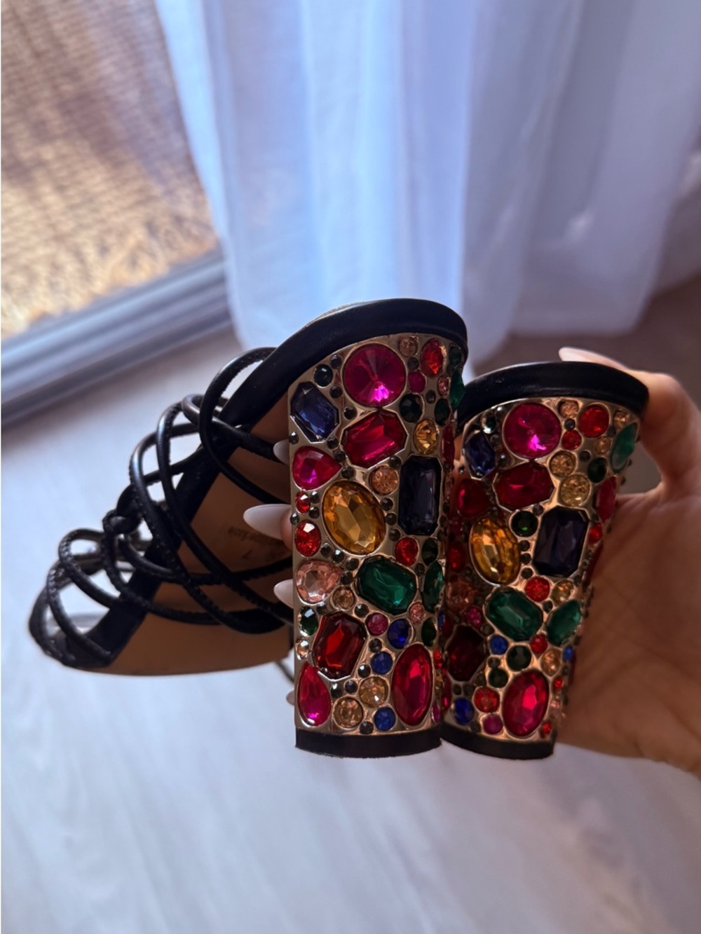 Black Strappy Heels with Multicolor Gem-Encrusted Block Heel